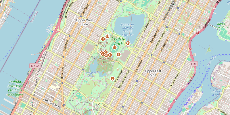 Map of Central Park — Mid-Park with each stop marked