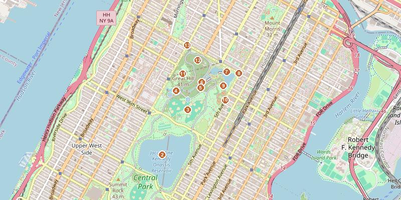Map of Central Park — North End with each stop marked