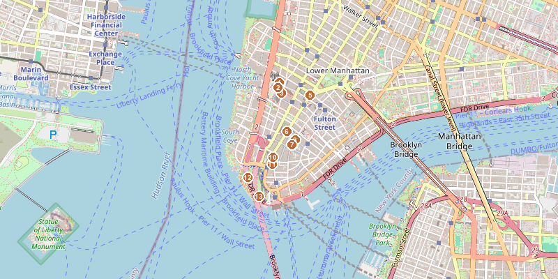 Map of Lower Manhattan with each stop marked