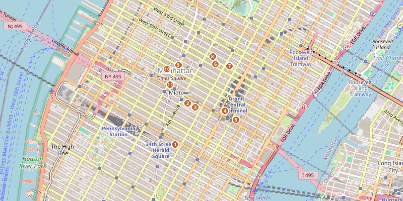 Map of Midtown & Times Square with each stop marked